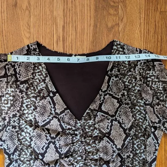 ember Beige Brown V-neck High Waist Peplum Blouse, Puff Sleeves, Snake P… - Picture 7 of 10